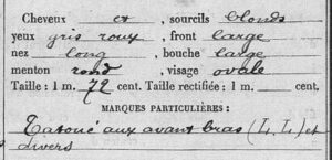 Fiche militaire de son fils Laurent Nicolas Joseph LHERBIER (1896) Cheveux et sourcils blonds, yeux gris roux, front large, nez long, bouche large, menton rond, viage ovale, 1, 72m Marques particulières : tatoué aux avant-bras (L.L.) et divers