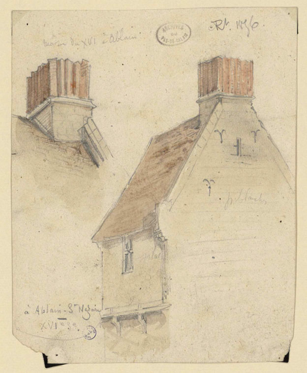 Cette maison date du XVIe siècle mais était toujours debout en 1856 quand elle fut dessinée. C’est ce genre d’architecture qui entourait Joseph Polycarpe, avant la construction des corons de mineurs. Elle a été détruite durant les bombardements de la Première Guerre Mondiale