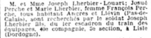 Avis de recherche paru dans « La Gironde », 28 décembre 1914, p. 2/2
